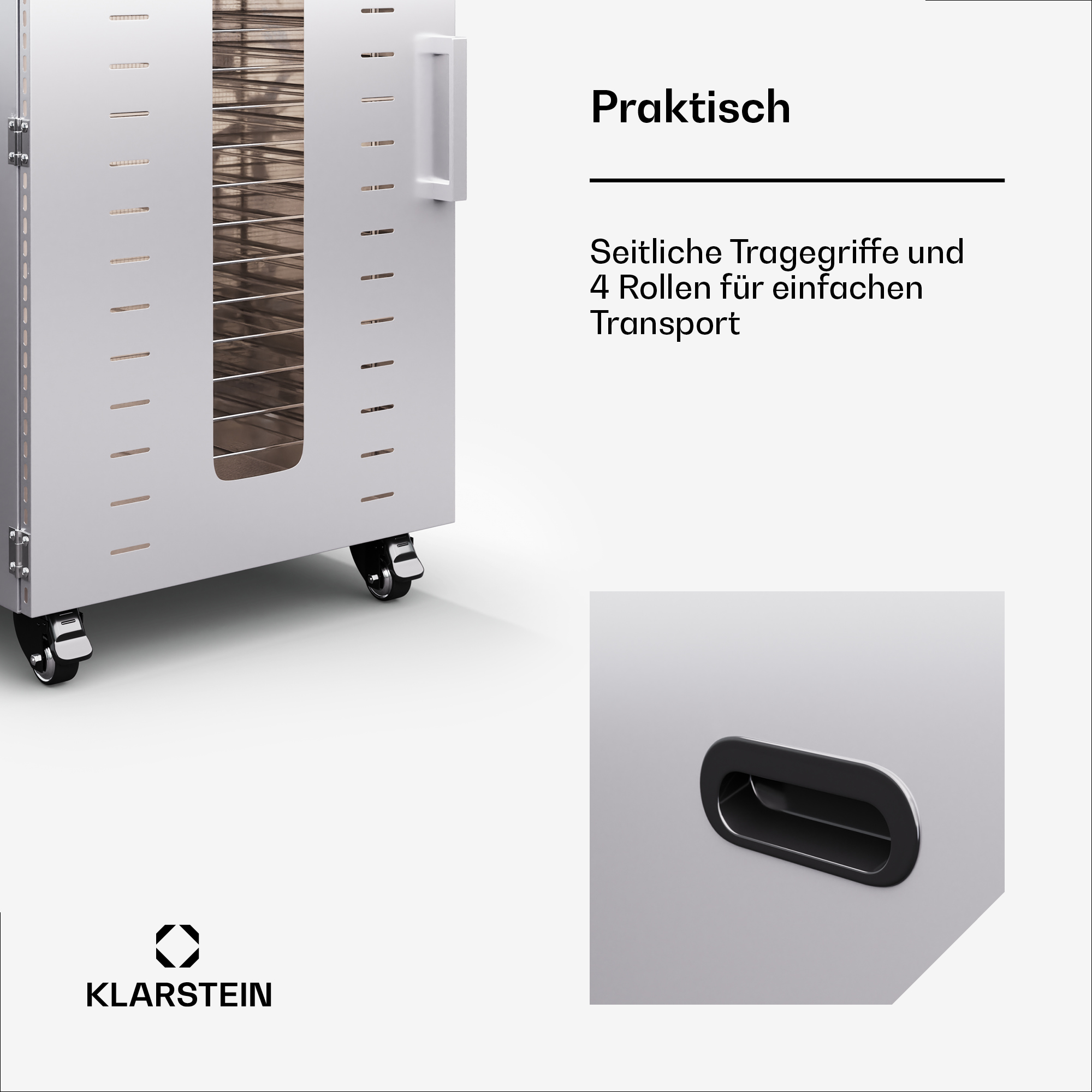 Edelstahlregal auf Rollen mit seitlichem Griff und Klarstein-Logo.