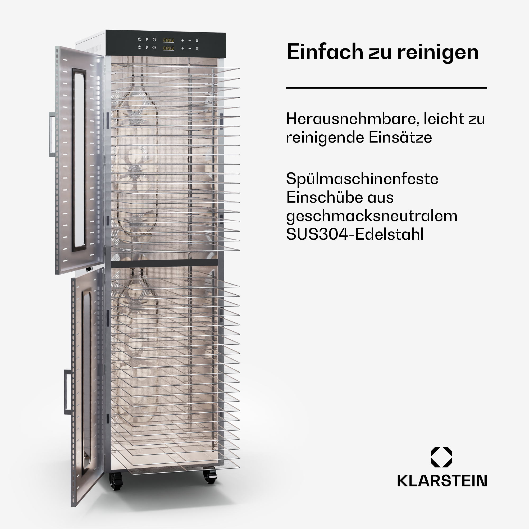 Edelstahl-Dehydrator mit offenen Türen und zahlreichen herausnehmbaren Einschüben, daneben deutscher Werbetext.
