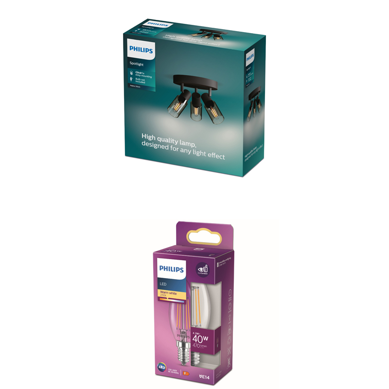 Verpackung einer Philips LED-Lampe und eines schwarzen LED-Strahlers.