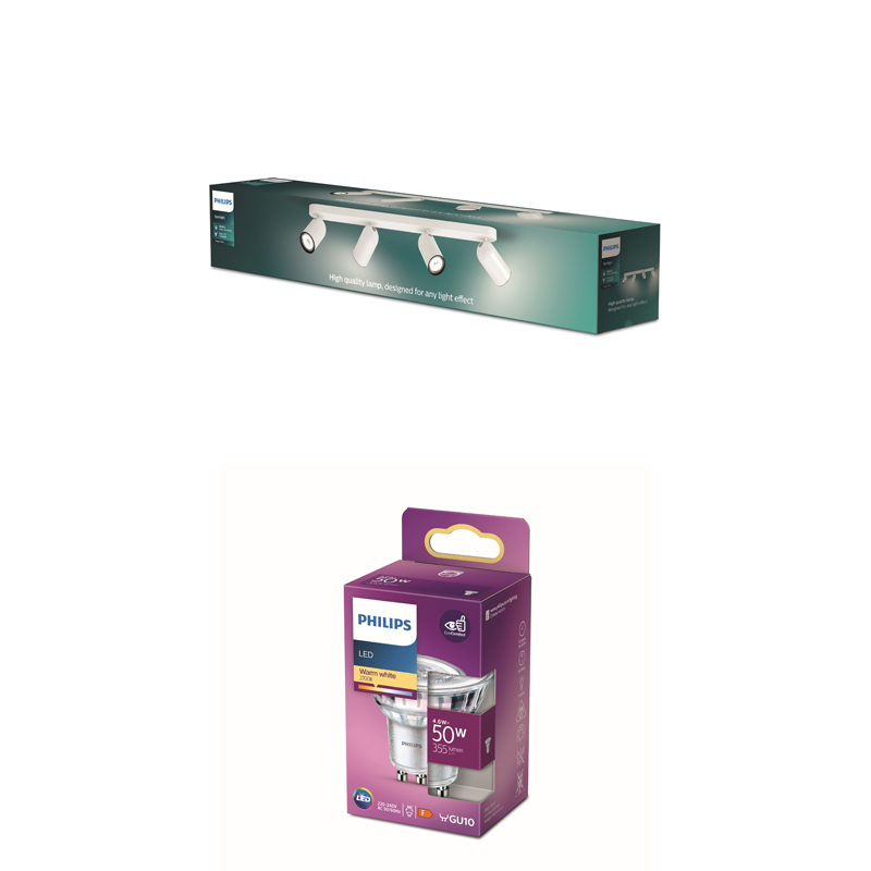 Un plafonnier LED Philips dans sa boîte et une ampoule LED GU10 Philips dans une boîte violette et blanche.