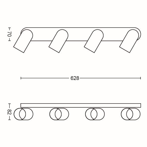 Dessin technique d'un luminaire à quatre spots de 628 mm de long, 70 mm de haut et 82 mm de profondeur.