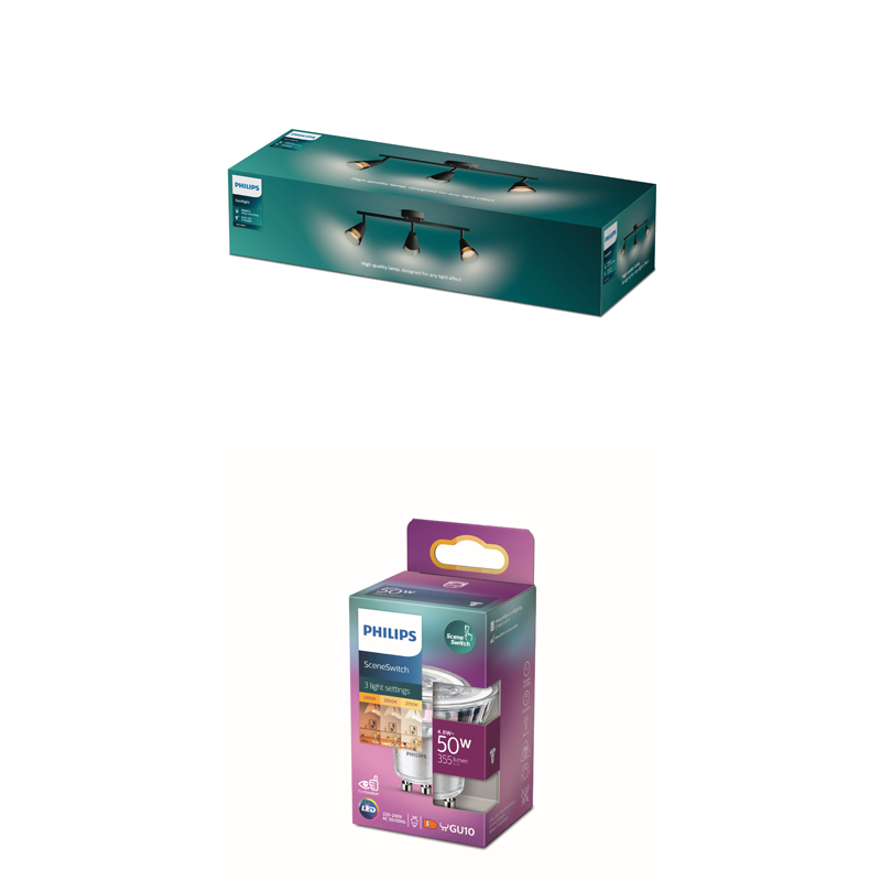 Verpackung einer Philips LED-Lampe und eines Philips Strahler-Sets.