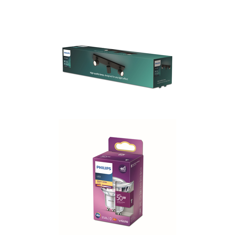 Eine lange, türkisfarbene Philips-Strahlerbox und eine lila Philips-LED-Glühbirnenbox auf weißem Hintergrund.