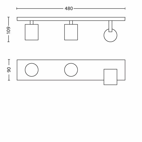 Technische Zeichnung einer Leuchte mit Maßen 480x109x90.