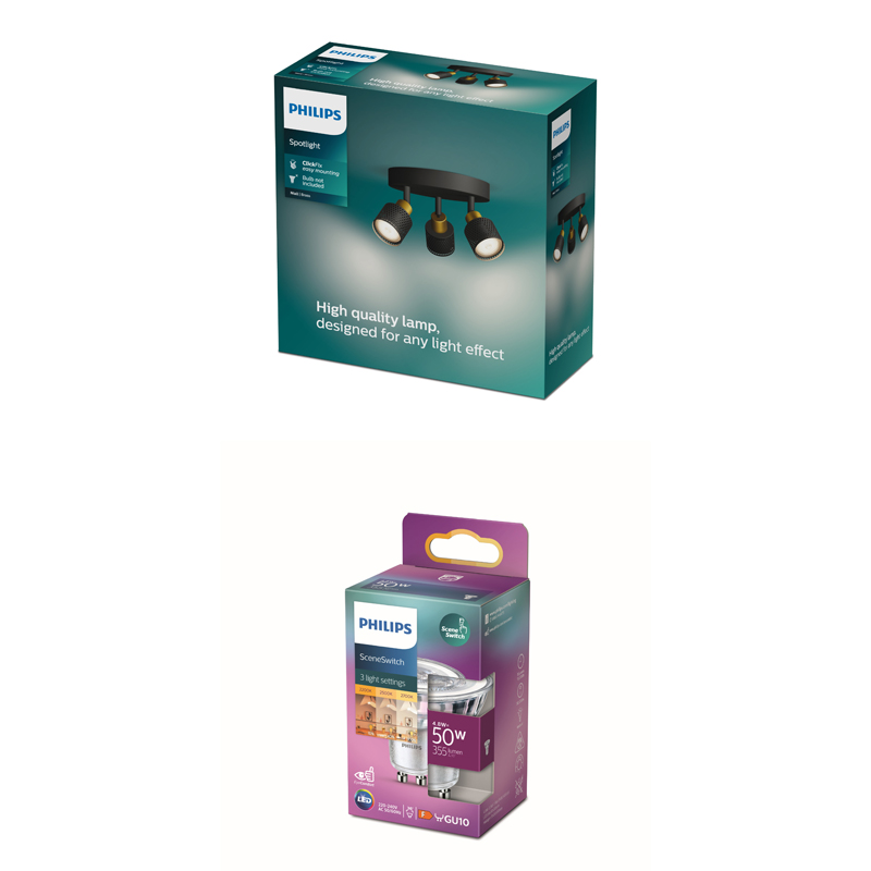 Emballage d'une ampoule LED Philips et d'un spot Philips sur fond blanc.
