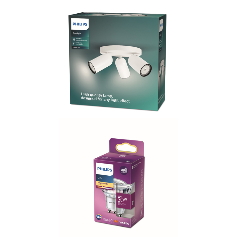 Philips-Verpackung zeigt eine weiße Deckenlampe mit drei Spotlights und die Philips LED-Glühbirnenverpackung.