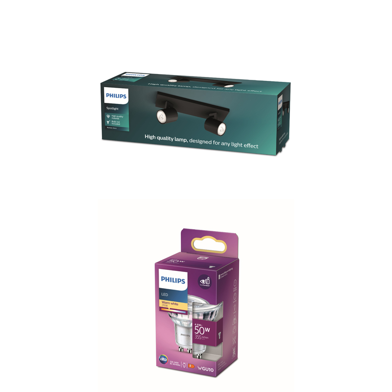Une boîte de spot Philips et une boîte d'ampoule LED Philips sur un fond blanc.