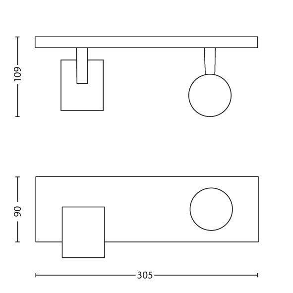 Dessin technique d'un support mural aux dimensions 305x90x109 mm, avec des éléments rectangulaires et ronds.