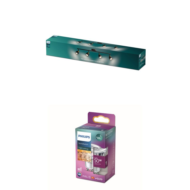 Un emballage de barre de spots LED Philips vert et en dessous un emballage d'ampoule Philips SceneSwitch GU10 violet.