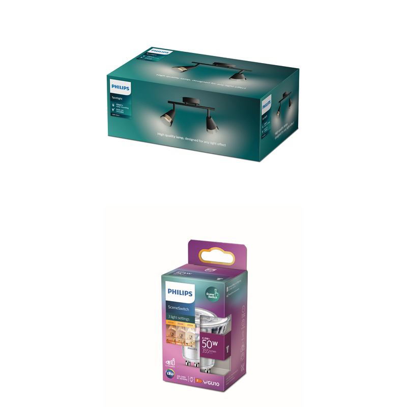 Eine grüne Philips Verpackung für einen Deckenstrahler.