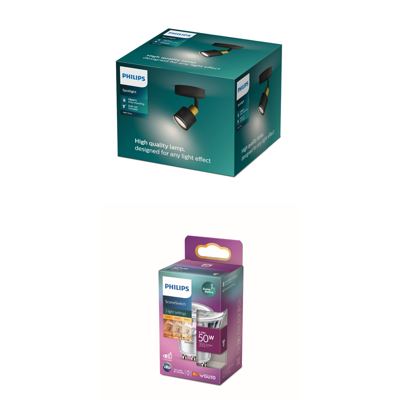 Boîtes d'emballage pour un spot Philips et une ampoule LED Philips SceneSwitch sur fond blanc.