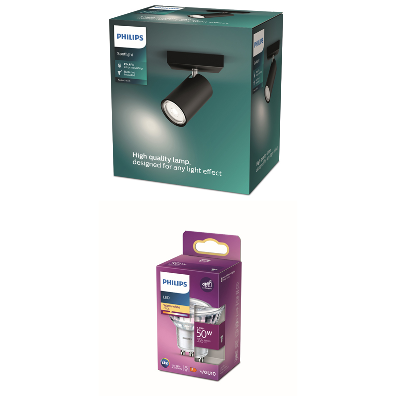 Eine Verpackung für einen schwarzen Philips LED-Strahler und eine Verpackung für eine Philips GU10 LED-Lampe.