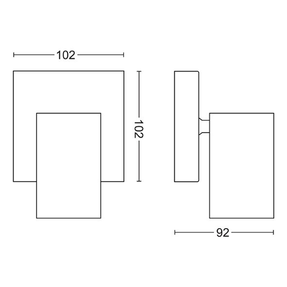 Technische Zeichnung einer quadratischen Wandleuchte mit Bemaßungen von 102 mm Breite und Höhe sowie 92 mm Tiefe.