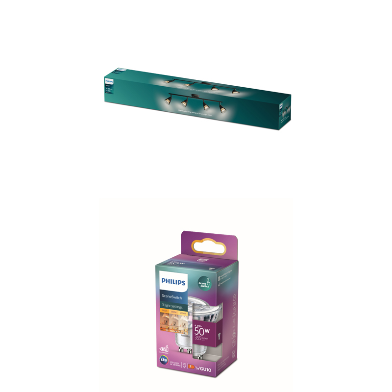 Philips-LED-Strahler in Verpackung und dazu passender Strahler im Karton.