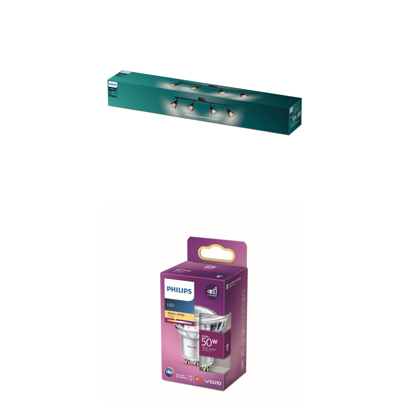 Eine lange blaue Schachtel mit einer Schienenlampe und eine lila Philips LED-Glühbirnenverpackung.