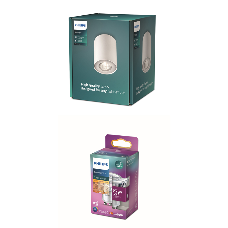 Verpackung von Philips Lampen mit weißem Spot auf der Vorderseite und blau-violetten Akzenten.