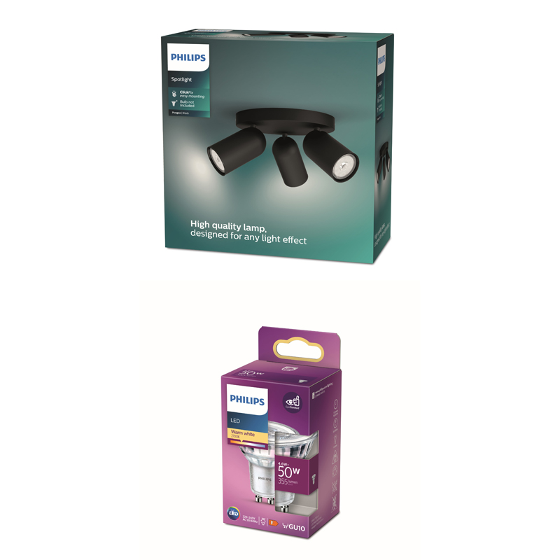 Philips-Verpackungen zeigen eine schwarze Deckenleuchte mit drei Strahlern und eine LED-Glühbirne.