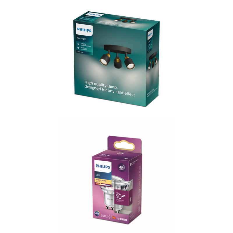 A Philips spotlight box and a Philips LED bulb box displayed on a white background.