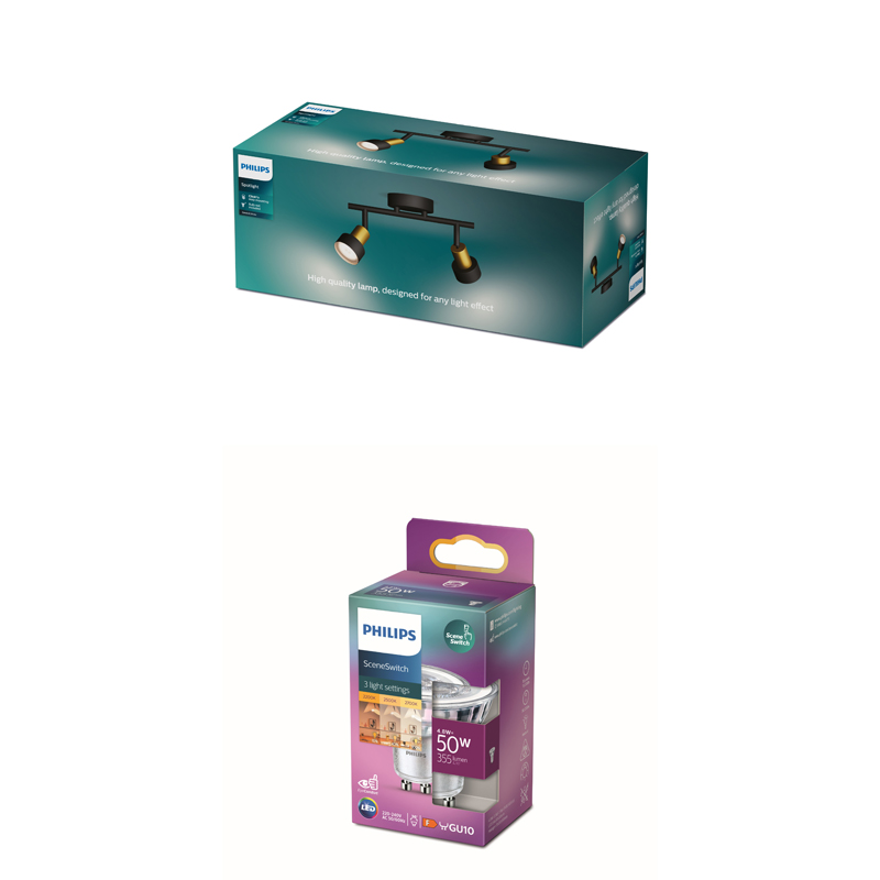 Une boîte de projecteurs Philips en haut et une boîte d'ampoules LED Philips SceneSwitch en bas.