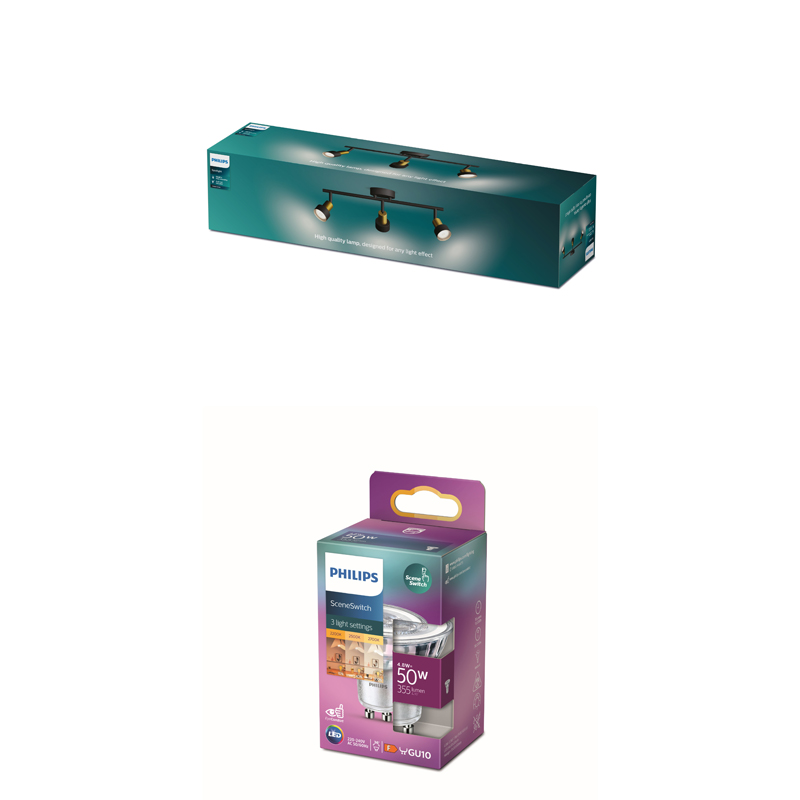 Boîte d'emballage pour un plafonnier LED Philips et une ampoule LED Philips GU10.