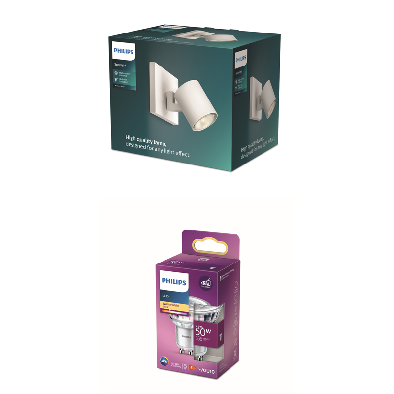 Verpackung einer weißen Philips-Wandleuchte und einer Philips-LED-Glühbirne auf weißem Hintergrund.