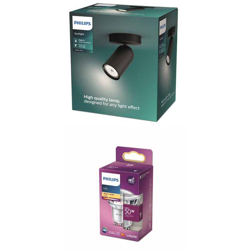 Verpackung einer Philips LED-Lampe und eines schwarzen LED-Strahlers.