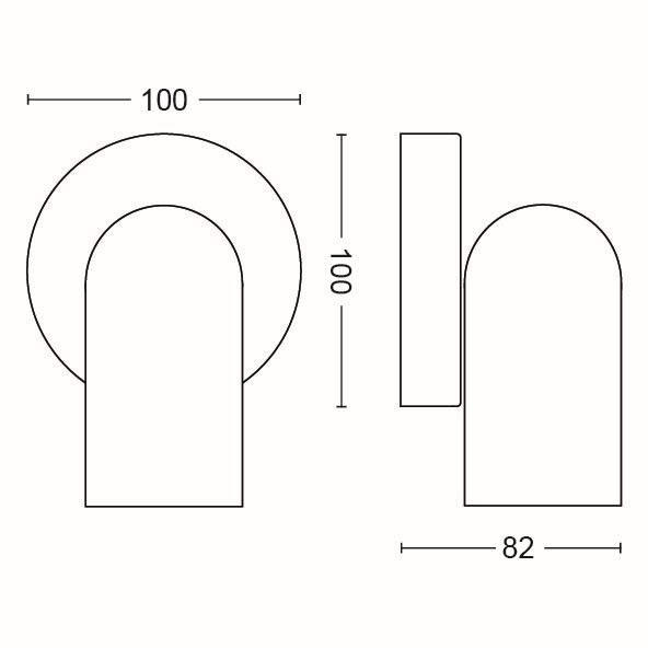 Technische Zeichnung einer Lampe mit den Maßen 100 Breite, 100 Höhe und 82 Tiefe.