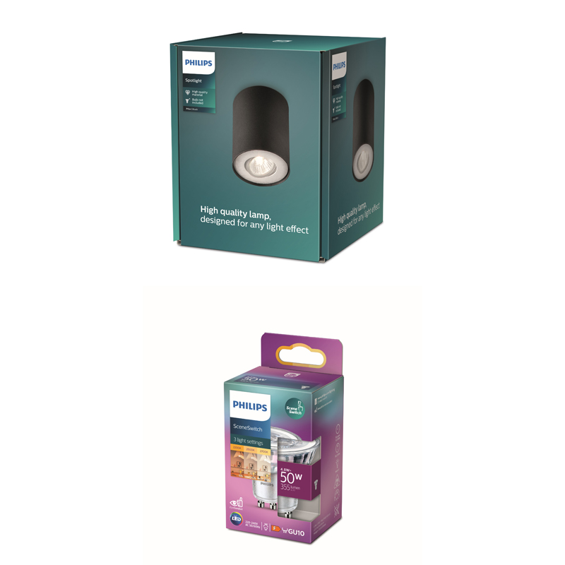 Une boîte de projecteur Philips montrant une lampe cylindrique noire avec un intérieur blanc.
