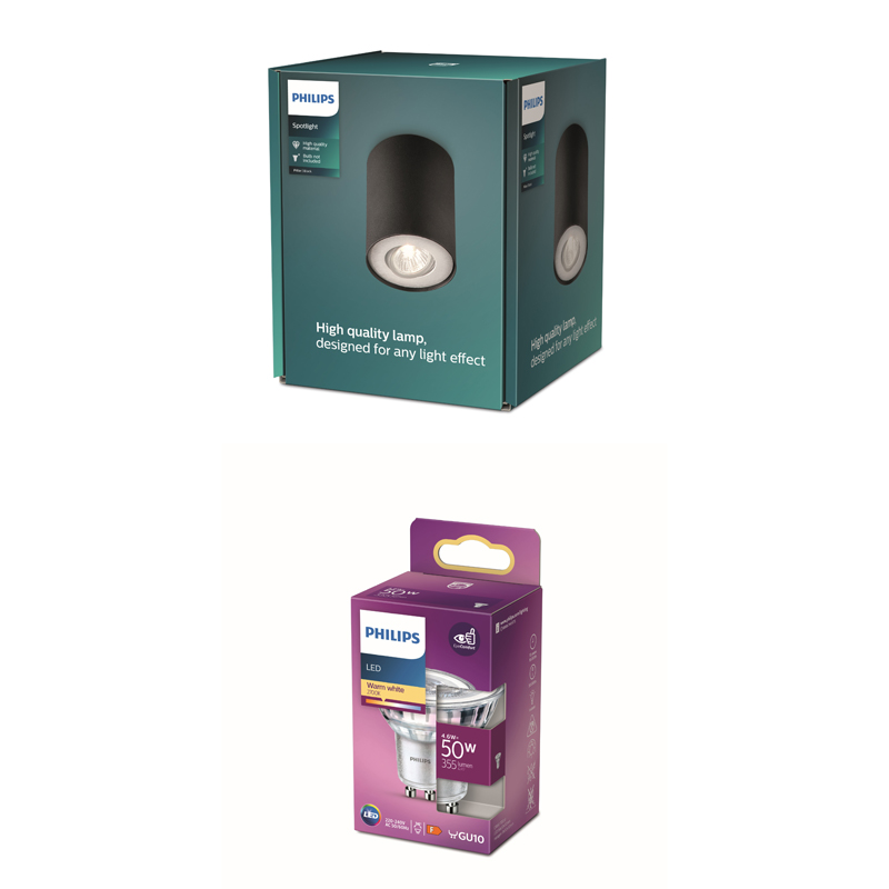 Une boîte de spot Philips sarcelle et une boîte d'ampoule LED Philips violette sur fond blanc.