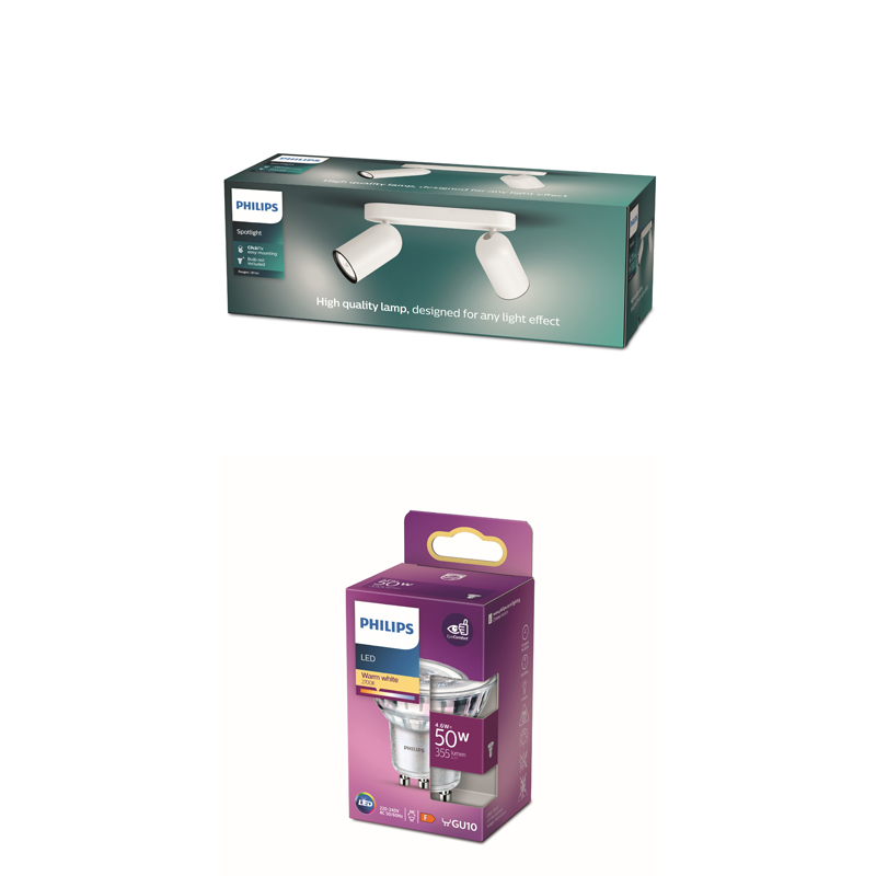 Une boîte de spots LED Philips et une boîte d'ampoules LED Philips sur fond blanc.