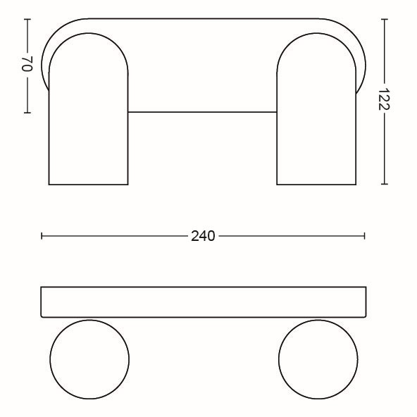 Dessin technique de meubles de 240 cm de large, 122 cm de haut et 70 cm de profondeur.