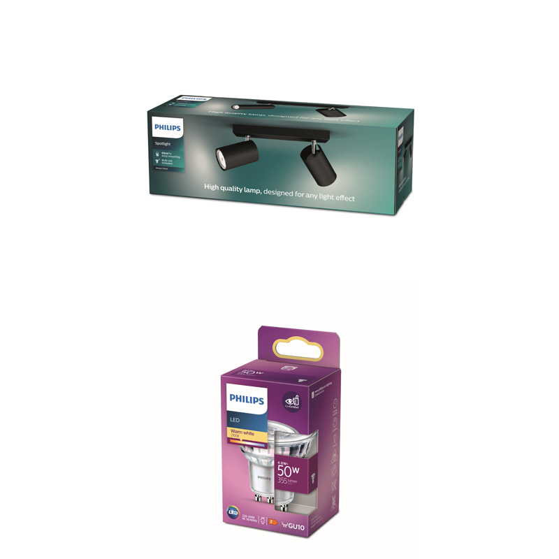 Emballages Philips : une longue boîte de projecteur et une boîte d'ampoule LED violette.