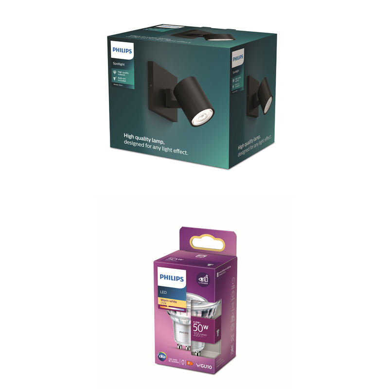 Verpackung einer schwarzen Philips Wandspot-Lampe mit integrierter Leuchte.