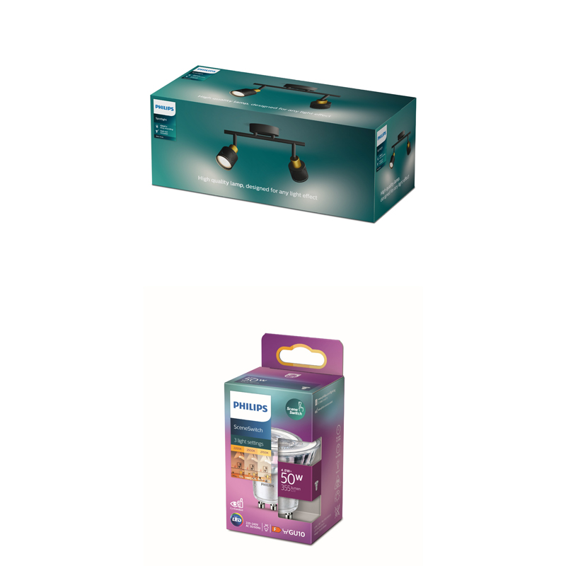 Deux boîtes de produits Philips : une longue boîte turquoise montrant un spot noir et une boîte violette et verte avec ampoule GU10.