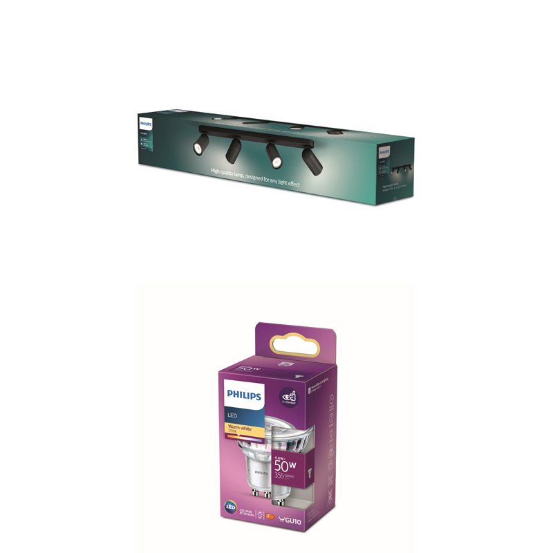 Verpackungen einer Philips LED-Deckenleuchte und einer Philips GU10 LED-Lampe auf weissem Hintergrund.