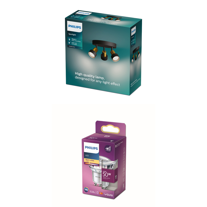 Philips-Strahler-Schachtel und Philips-LED-Glühbirnen-Schachtel auf weißem Hintergrund.