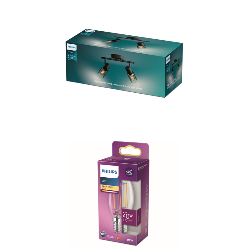 Zwei Philips-Verpackungen: Oben ein Philips-Strahler, unten eine Philips-LED-Lampe.