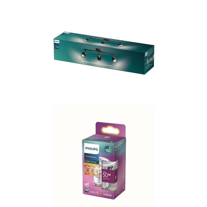 Une boîte de produit Philips pour un spot de rail et une boîte d'ampoule LED SceneSwitch GU10 sur fond blanc.