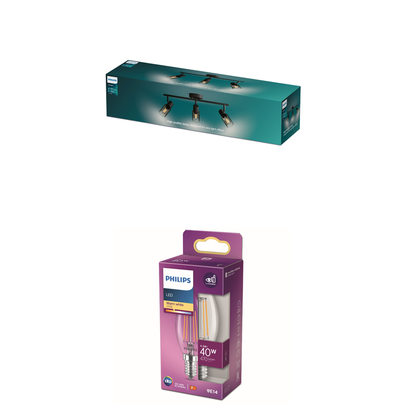 Spot de plafond LED Philips et ampoule flamme LED Philips dans leur emballage sur fond blanc.