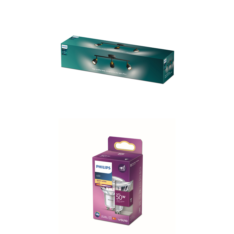 Une boîte verte Philips pour un plafonnier à trois spots et une boîte violette pour ampoules LED.