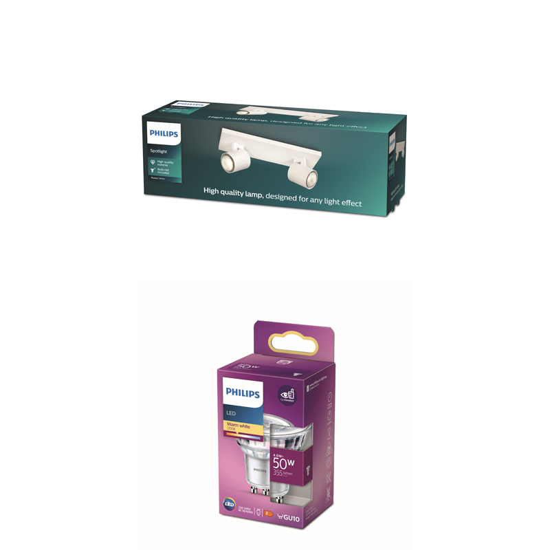 Boîte de projecteur Philips avec un luminaire à deux spots blanc sur fond vert.