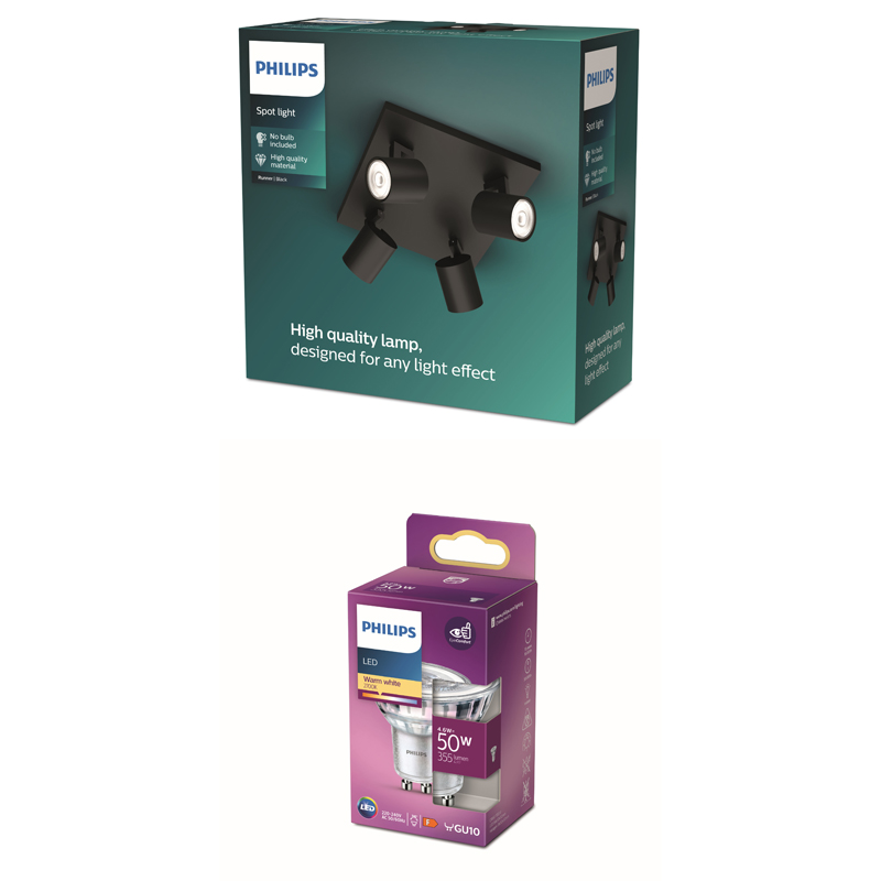 Spot Philips dans un emballage vert et ampoule LED Philips GU10 dans un emballage violet.