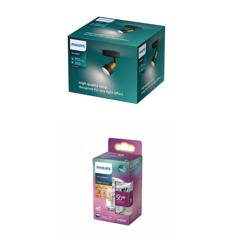 Deux boîtes de produits d'éclairage Philips sont présentées, avec une boîte de spots en haut et une boîte d'ampoules SceneSwitch en bas.