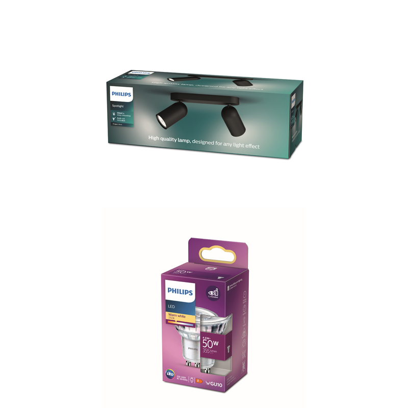 Une boîte de projecteurs LED Philips et en dessous une boîte d'ampoules LED Philips GU10 sur fond blanc.