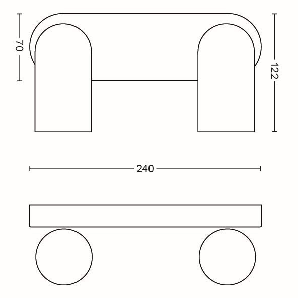 Dessin technique en noir et blanc d'un bureau avec les dimensions 240 de largeur, 122 de hauteur et 70 de profondeur.