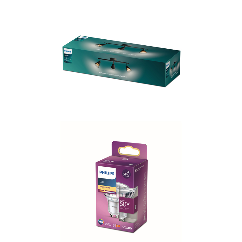 Une boîte de spots LED Philips et un emballage d'ampoule LED Philips violet.