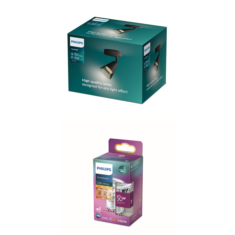 Boîtes d'emballage pour un spot Philips et une ampoule LED Philips SceneSwitch sur fond blanc.