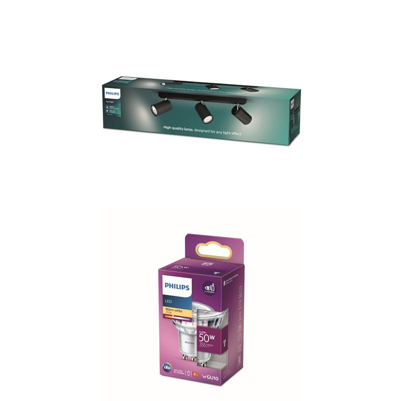 Eine Philips LED-Strahler-Leuchte in der Verpackung mit leuchtendem Lichteffekt.