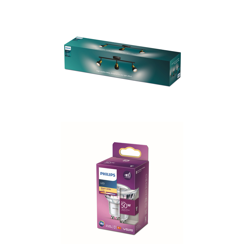 Eine lange türkisfarbene Philips Spot-Box und eine lila Philips LED-Glühbirnen-Box auf weißem Hintergrund.