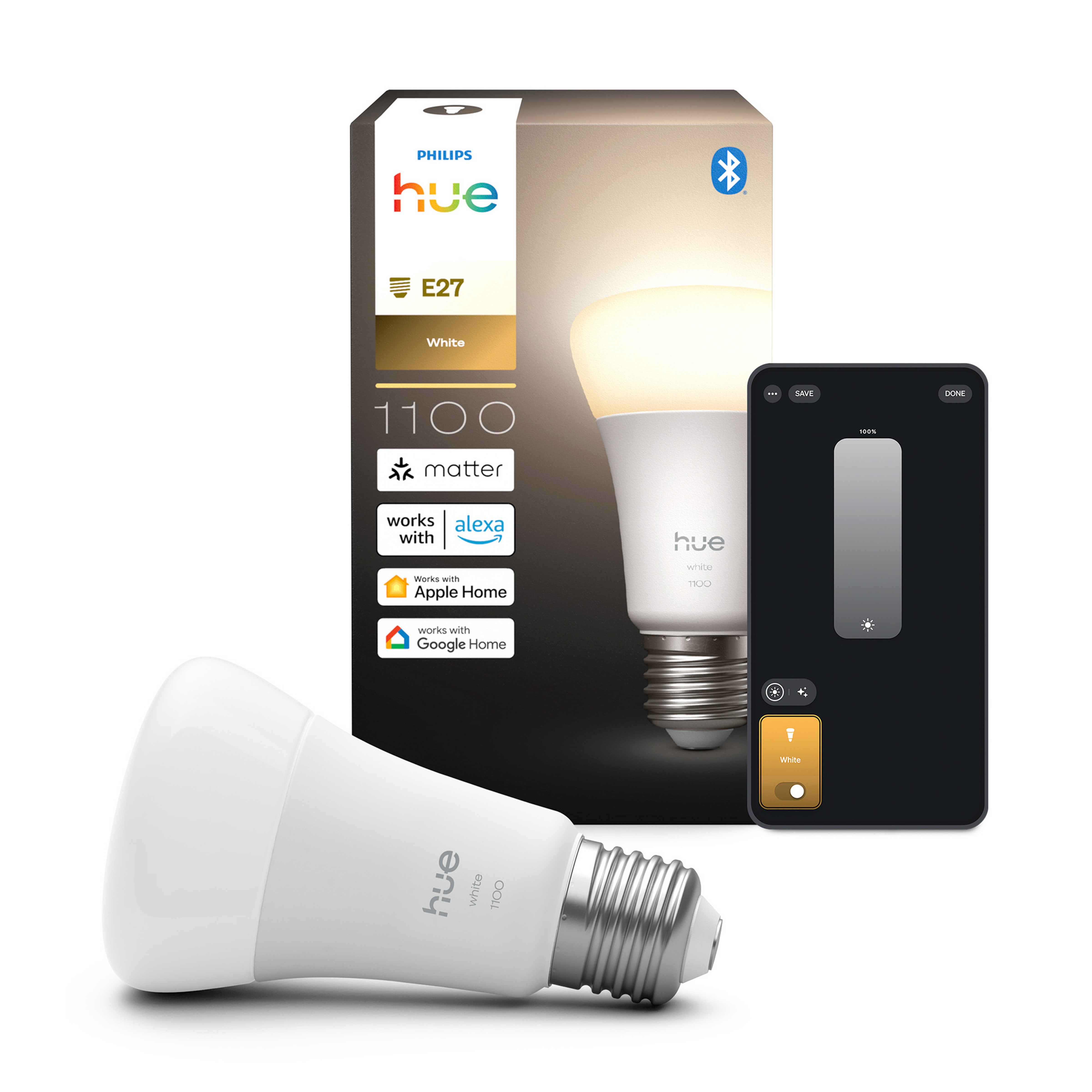 Philips Hue E27 weiße LED-Glühbirne, Verpackung und Smartphone mit Steuerungs-App.
